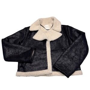 King Kong Italy Womens‎ Black Faux Shearling Aviator Jacket Cracked Leather Med